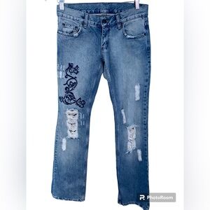 7 For All Mankind VTG Y2k Flare Embroidered Distressed Jeans NWT Size 28